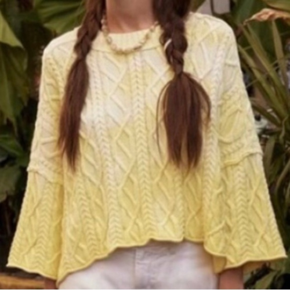 Free People Washed Ashore Knit Sweater Large Yellow 100% Cotton Slouchy Boho